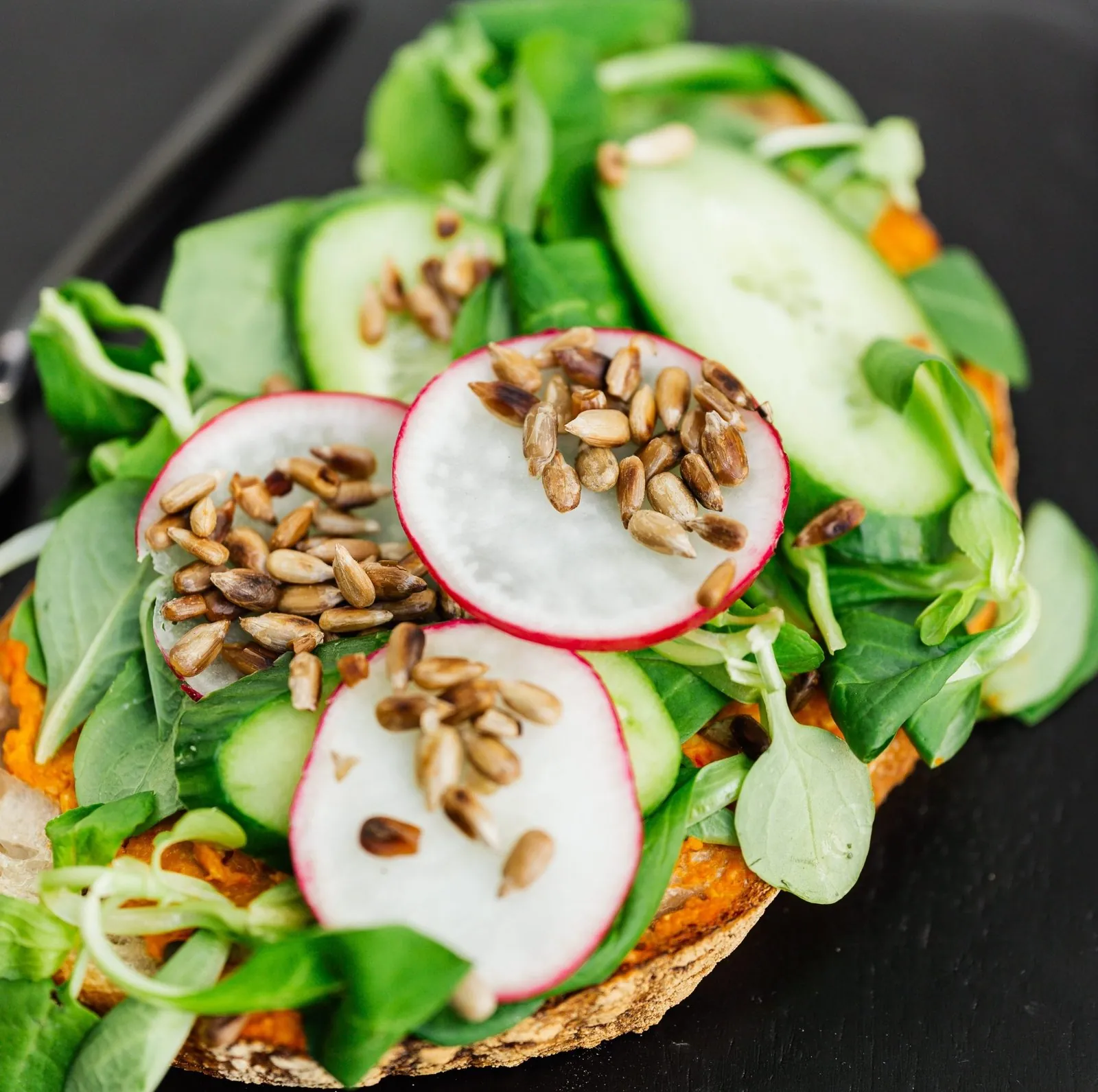 Tosta de pan artesano con verduras frescas y semillas, Restaurante La Caleta